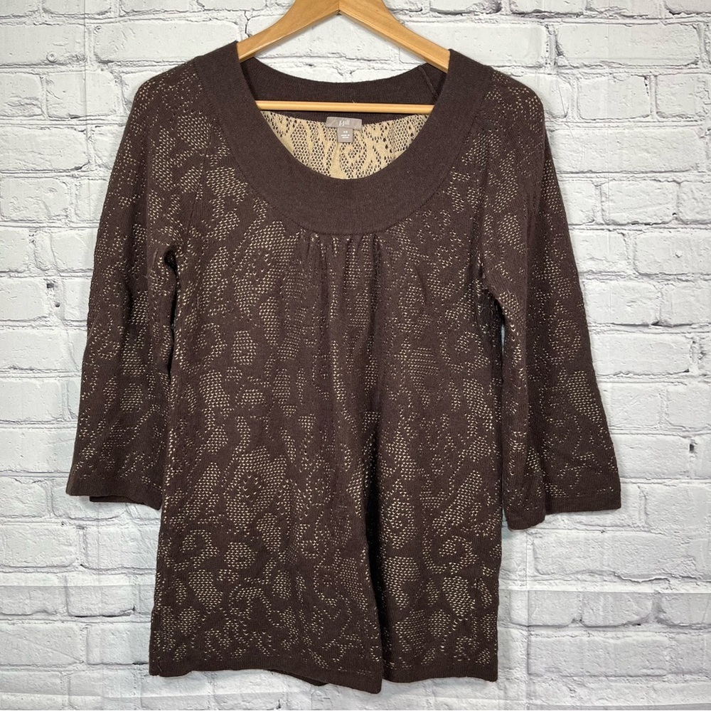 J Jill Eyelet Tunic Sweater Womens Size XS Brown Merino Wool Alpaca Blend